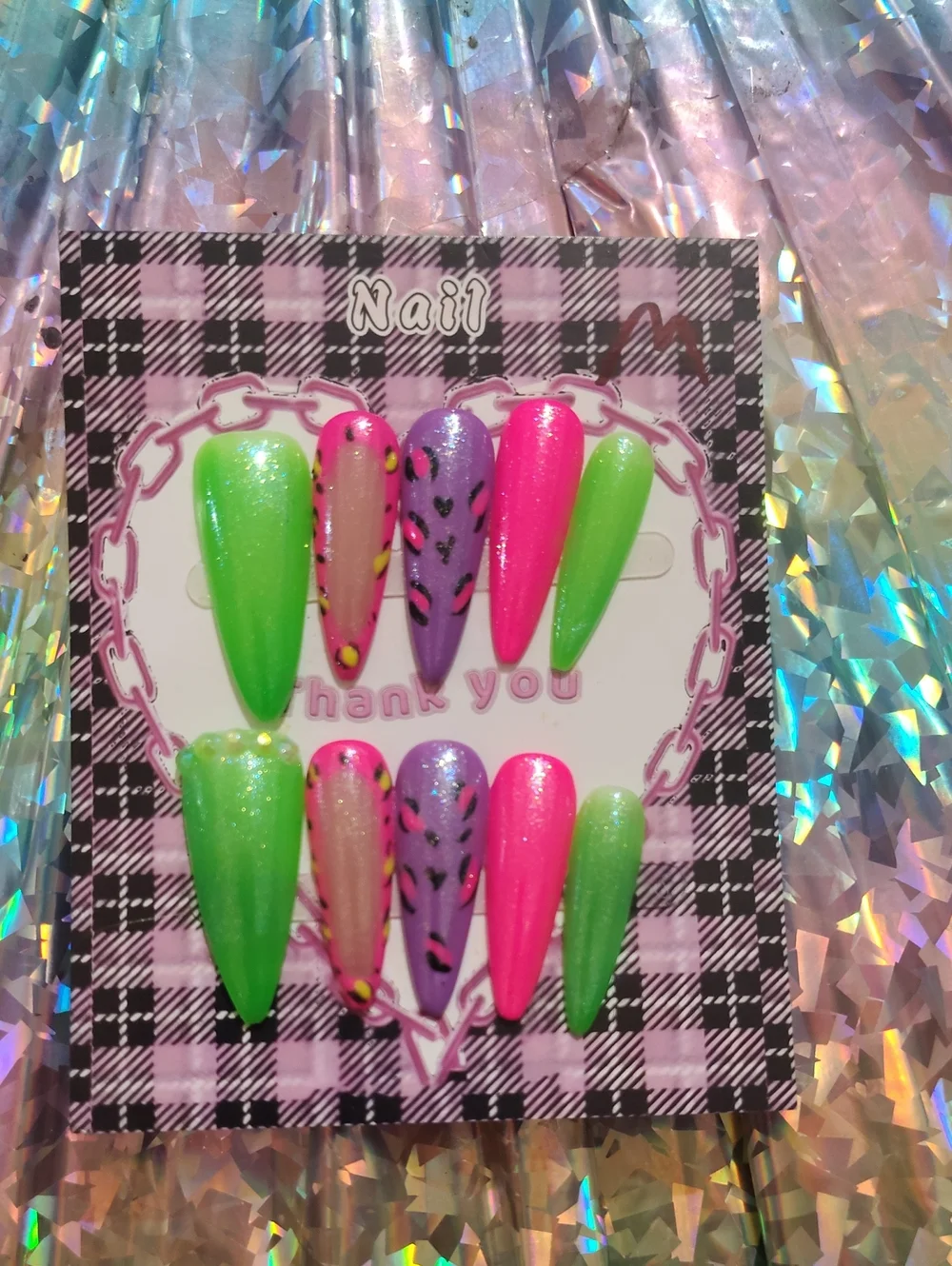 Nail Neon Pink & Green Stiletto Press-On Nails